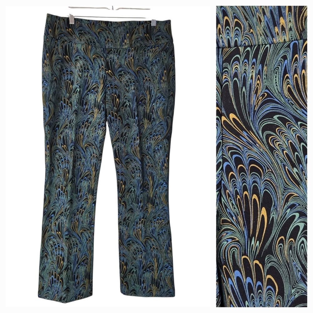Soft Surroundings Black Blue Gold Peacock Print Ponte Pull-On Pants Petite Large